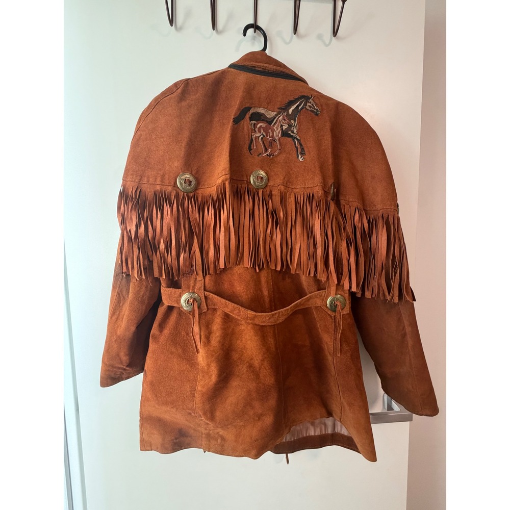 Vintage Genuine Suede Western Fringe Jacket Horse Embroidered Concho Brown L